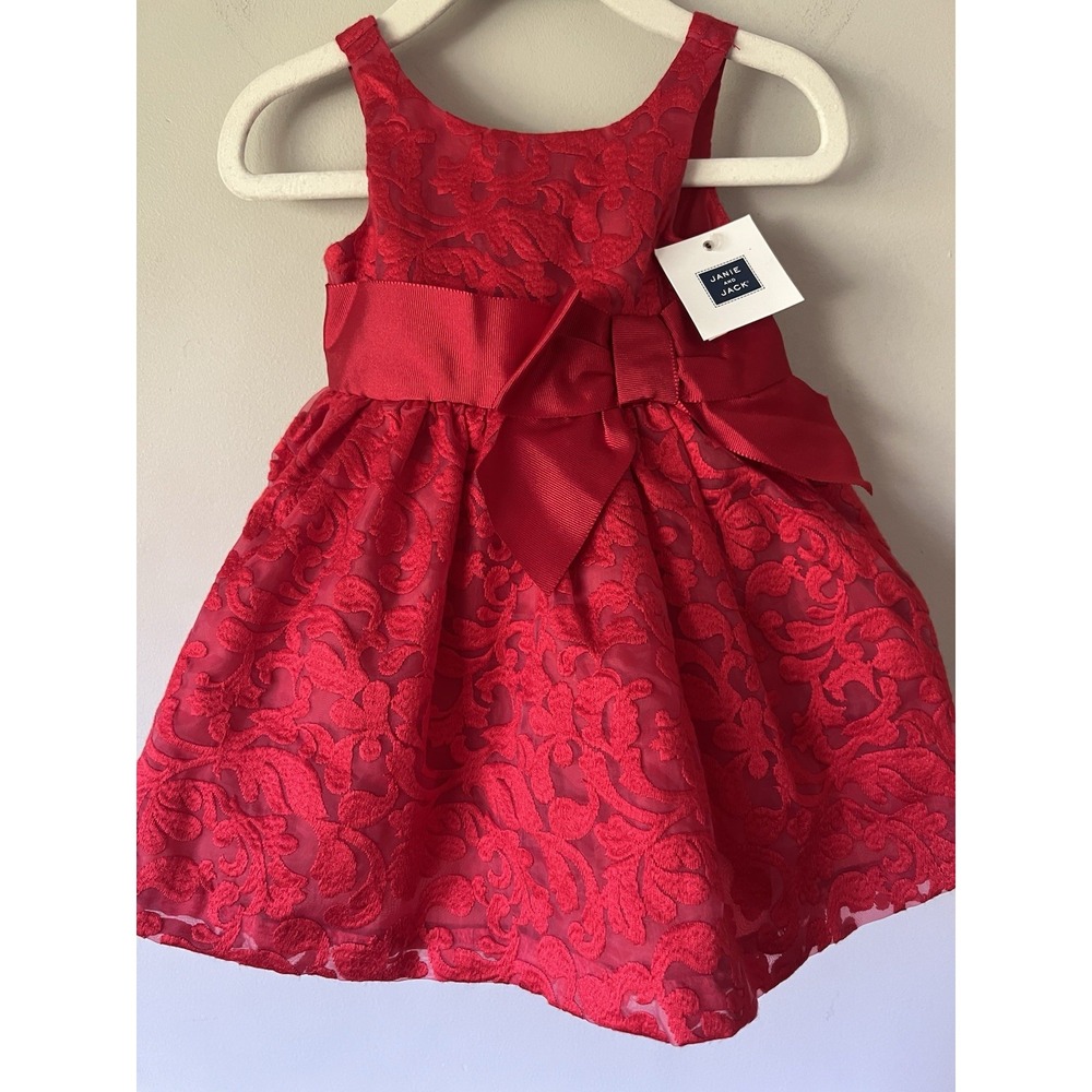 Janie and Jack Baby Red Jacquard Holiday Dress w/ Bow Tulle Size 3-6 M